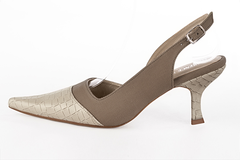 Champagne white and taupe brown women's slingback shoes. Pointed toe. High spool heels. Profile view - Florence KOOIJMAN